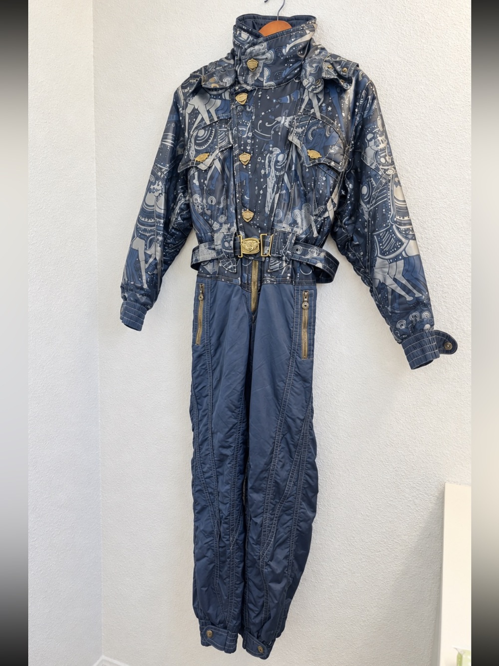 Rare Emmegi Vintage Unisex Ski Snowsuit Size 34 Blue Gold Horse Equine 80s 90s